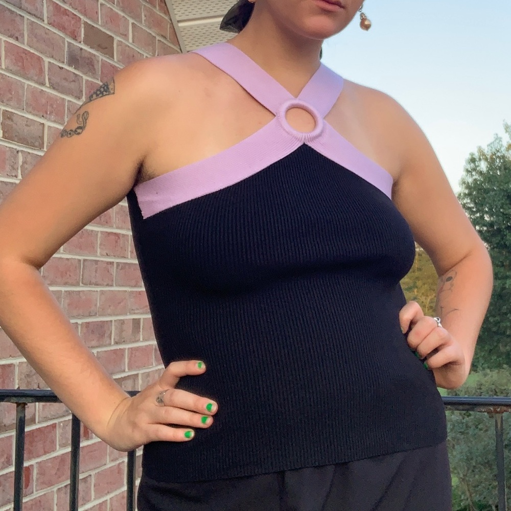Y2K black halter top with light purple straps - M